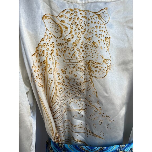 Antonio Stefano Cream White Satin Robe Size M Gold Blue Novelty Leopard Print - Picture 7 of 12